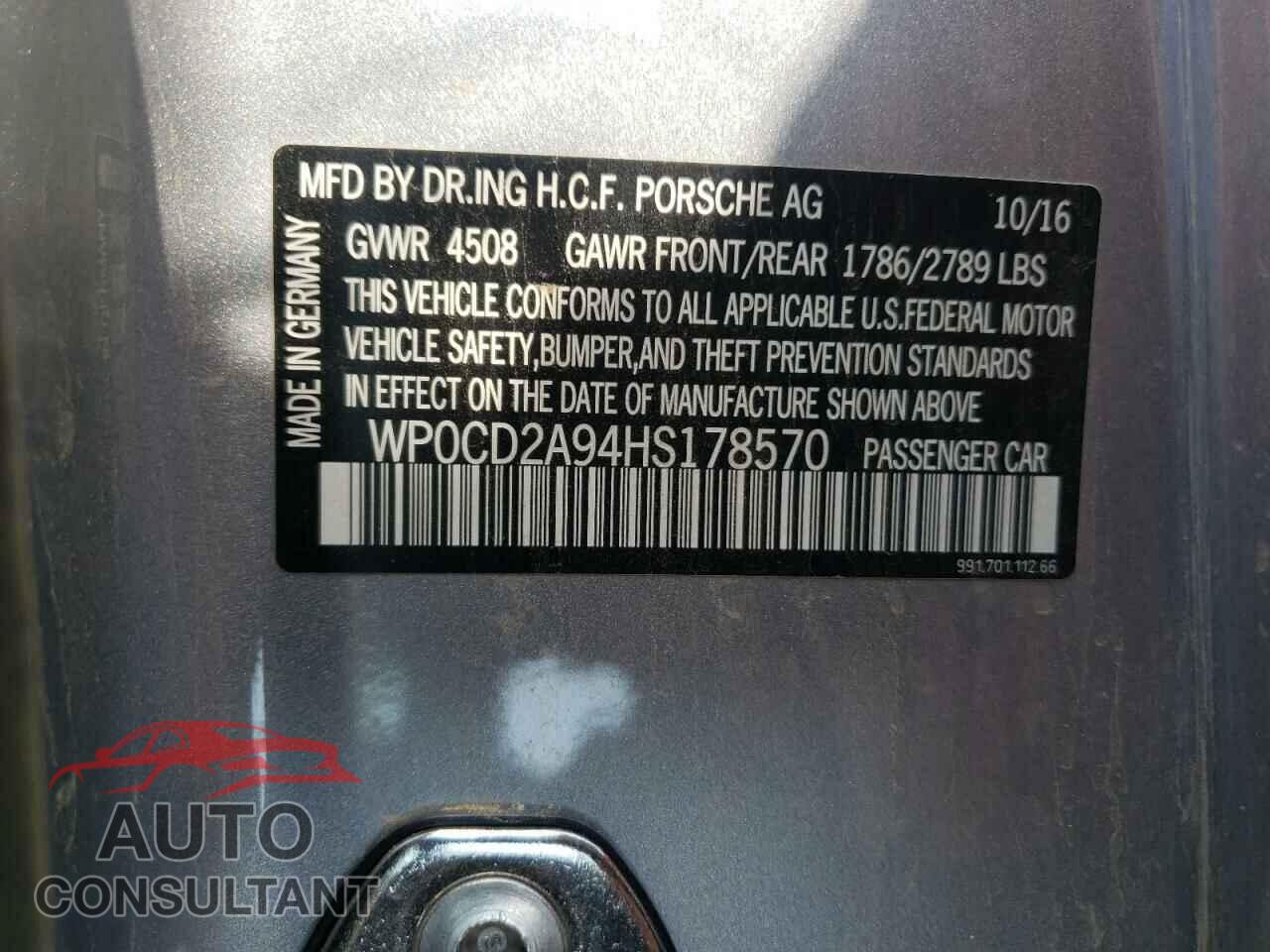 PORSCHE 911 2017 - WP0CD2A94HS178570