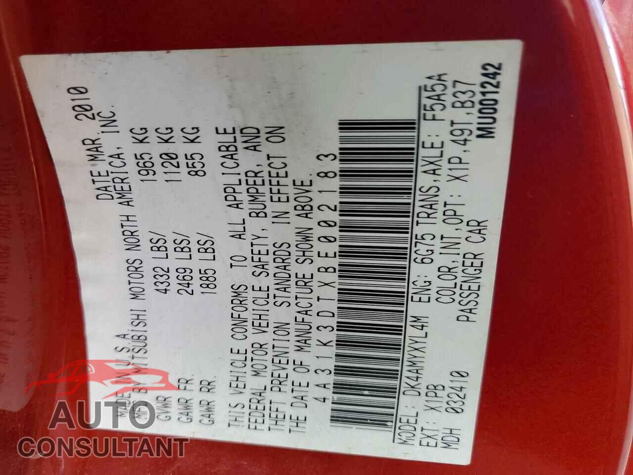 MITSUBISHI ECLIPSE 2011 - 4A31K3DTXBE002183