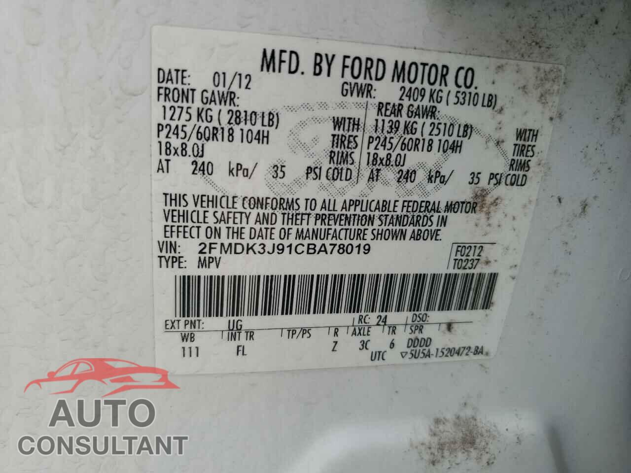 FORD EDGE 2012 - 2FMDK3J91CBA78019