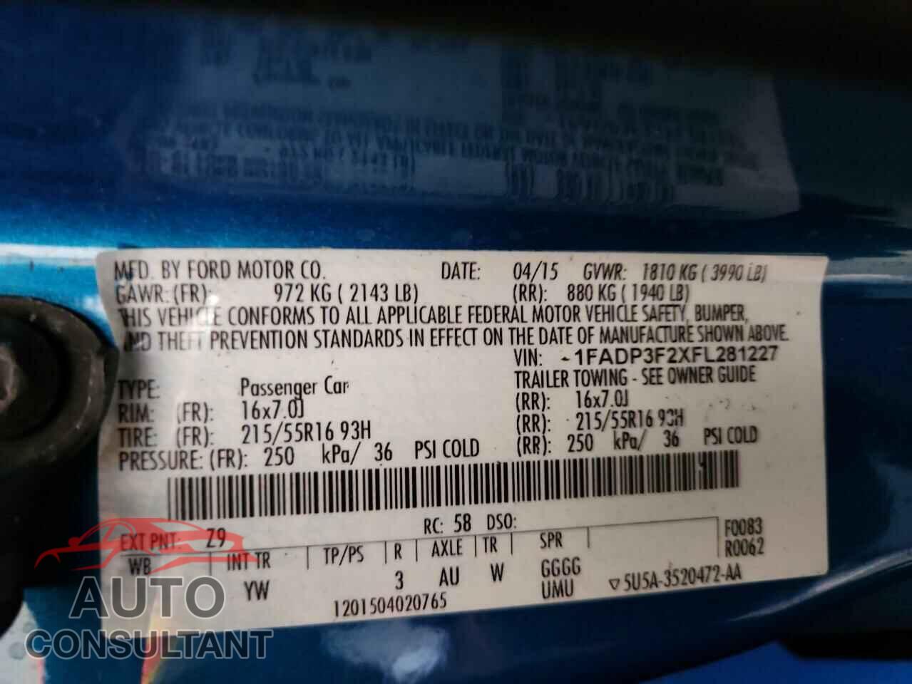 FORD FOCUS 2015 - 1FADP3F2XFL281227