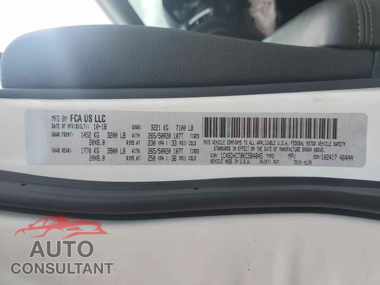 DODGE DURANGO 2019 - 1C4SDHCT8KC584845
