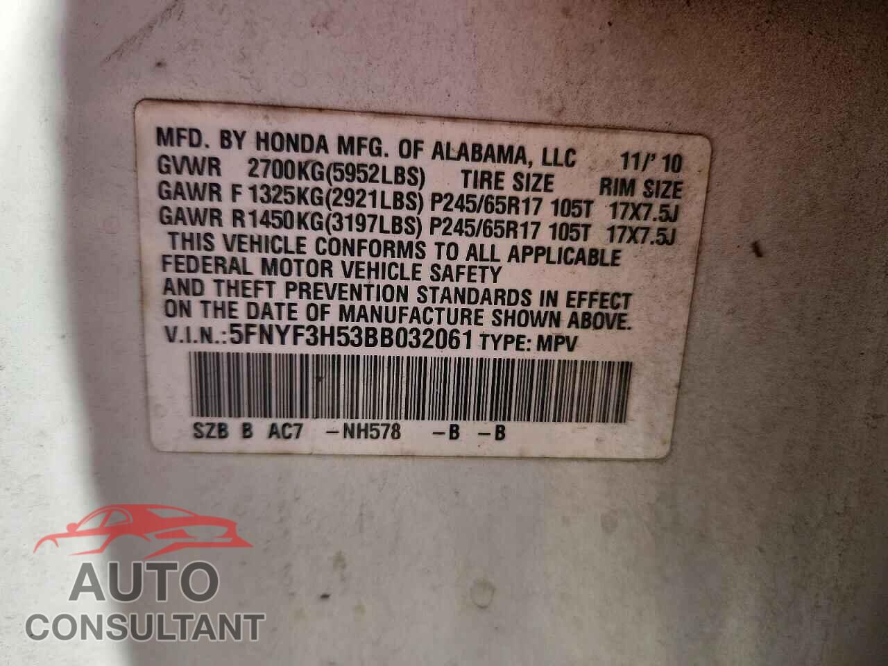 HONDA PILOT 2011 - 5FNYF3H53BB032061