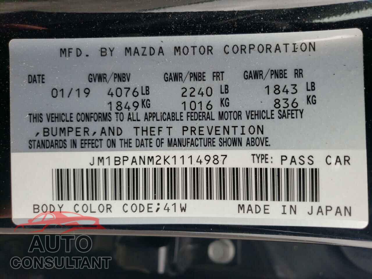 MAZDA 3 2019 - JM1BPANM2K1114987