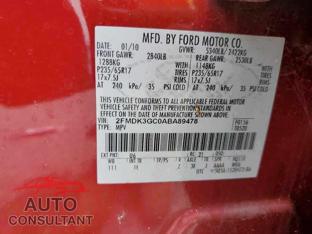 FORD EDGE 2010 - 2FMDK3GC0ABA89478