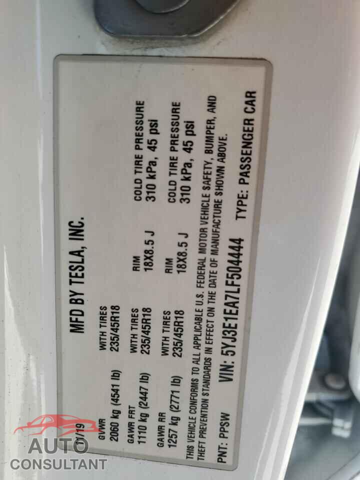 TESLA MODEL 3 2020 - 5YJ3E1EA7LF504444