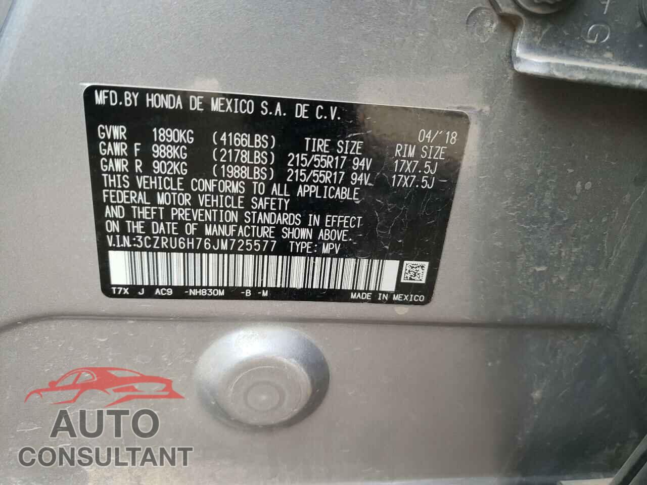 HONDA HR-V 2018 - 3CZRU6H76JM725577