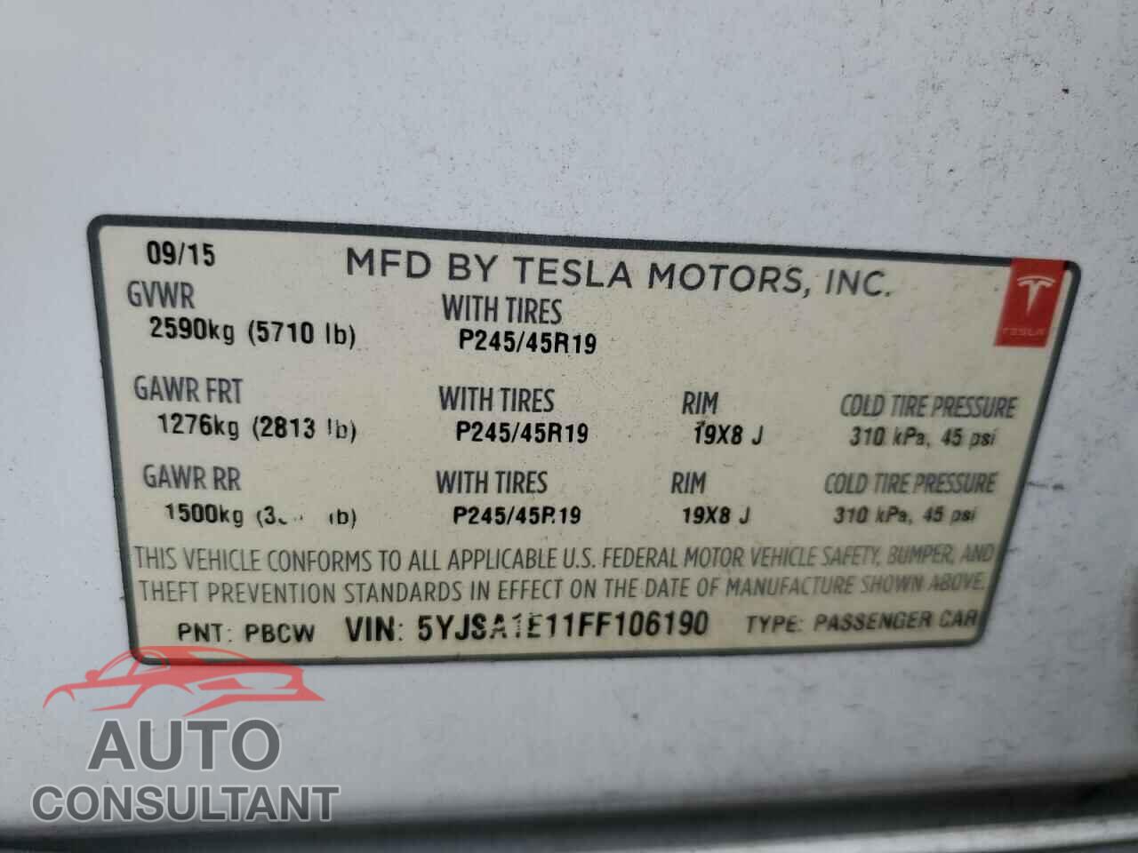 TESLA MODEL S 2015 - 5YJSA1E11FF106190
