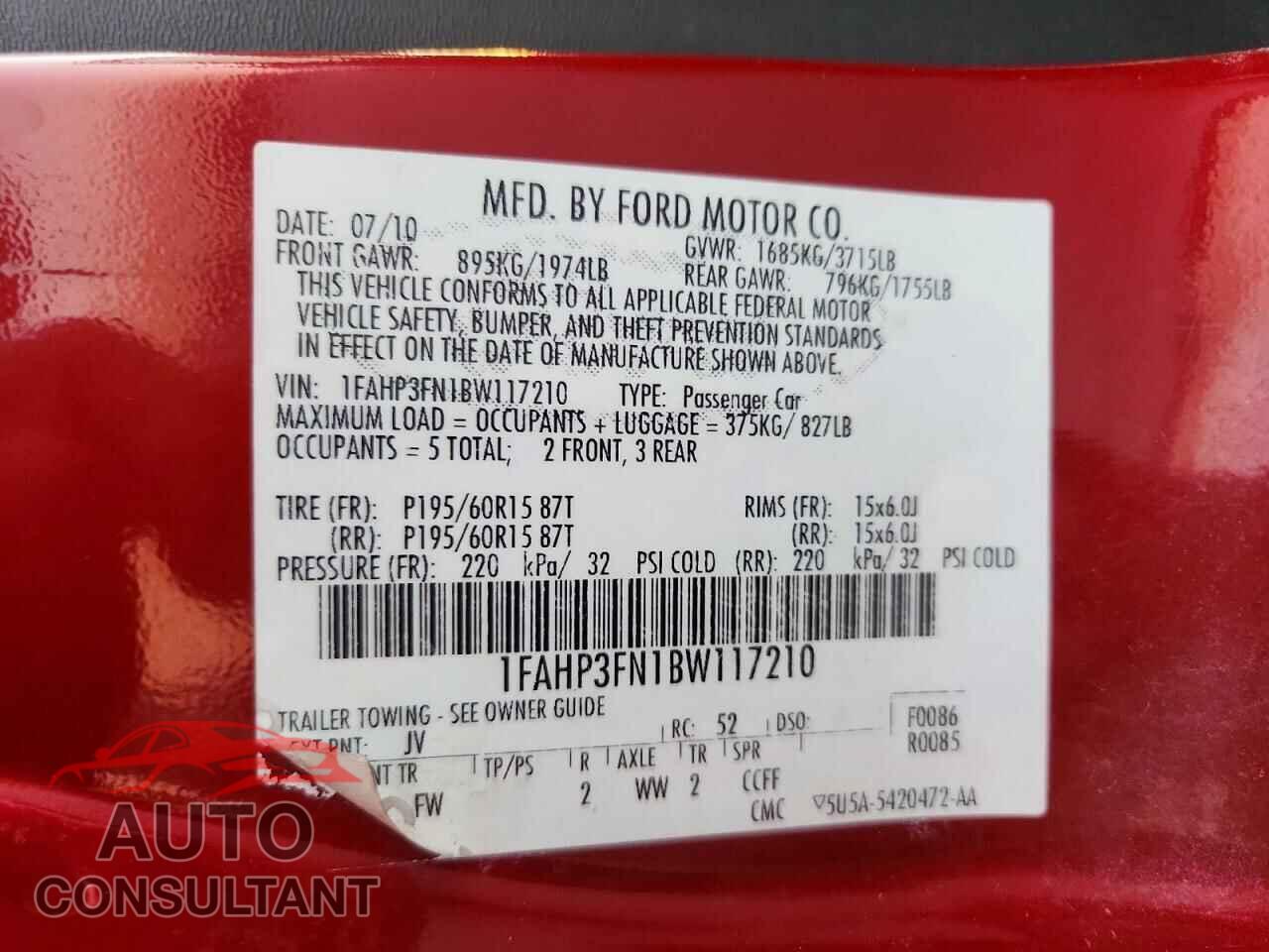 FORD FOCUS 2011 - 1FAHP3FN1BW117210