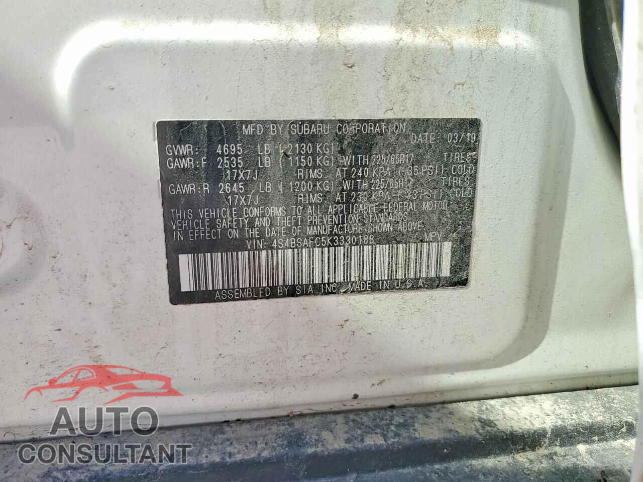 SUBARU OUTBACK 2019 - 4S4BSAFC5K3330188