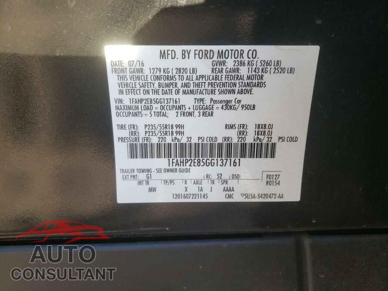 FORD TAURUS 2016 - 1FAHP2E85GG137161