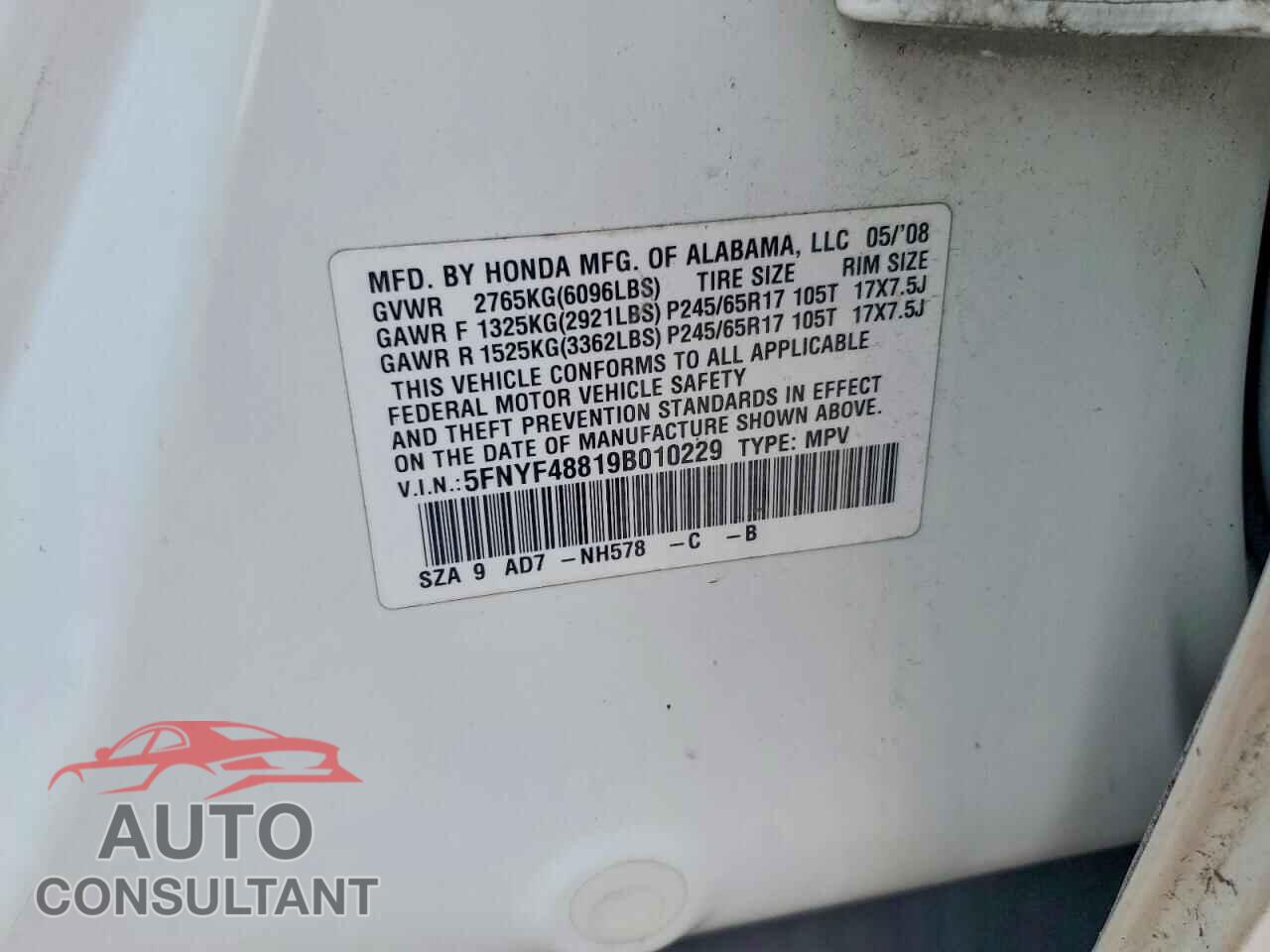 HONDA PILOT 2009 - 5FNYF48819B010229