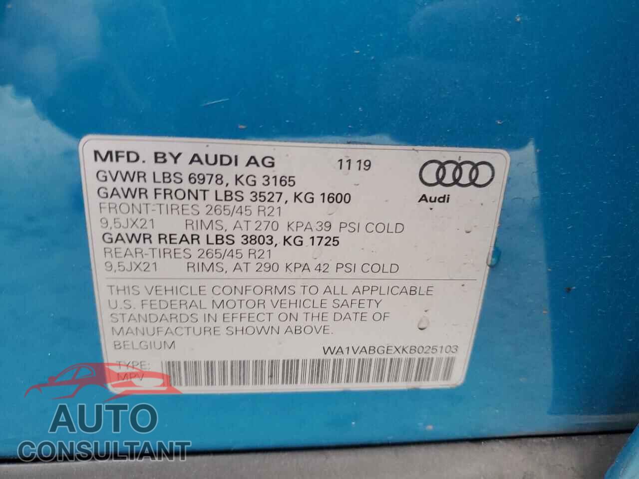AUDI E-TRON 2019 - WA1VABGEXKB025103