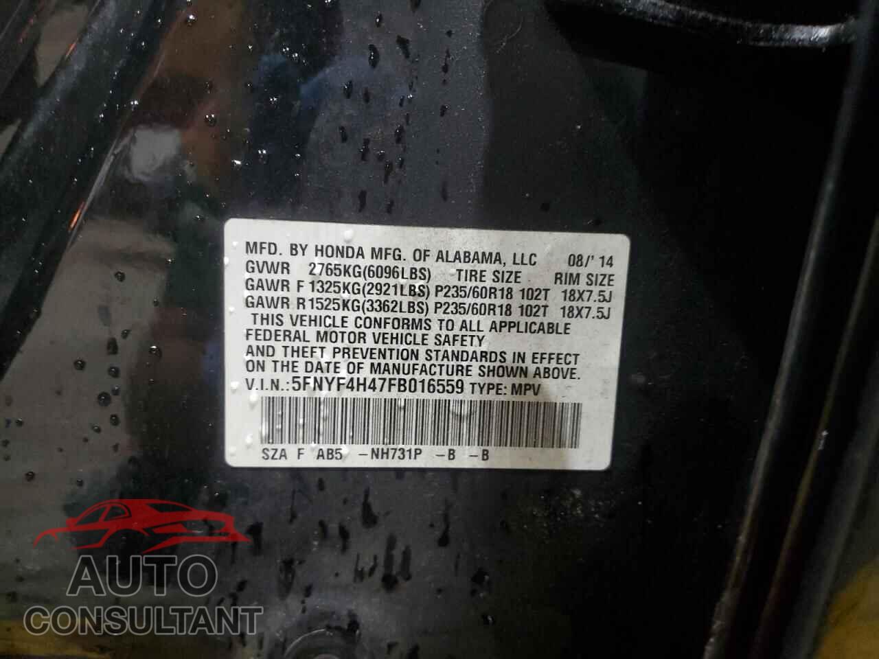 HONDA PILOT 2015 - 5FNYF4H47FB016559