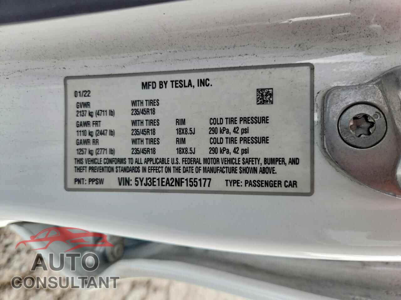 TESLA MODEL 3 2022 - 5YJ3E1EA2NF155177