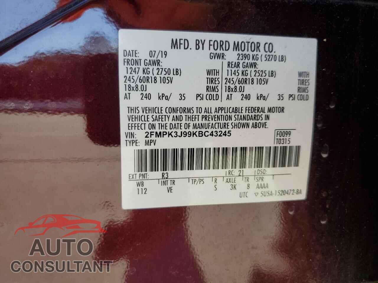 FORD EDGE 2019 - 2FMPK3J99KBC43245