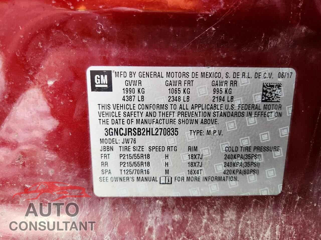 CHEVROLET TRAX 2017 - 3GNCJRSB2HL270835