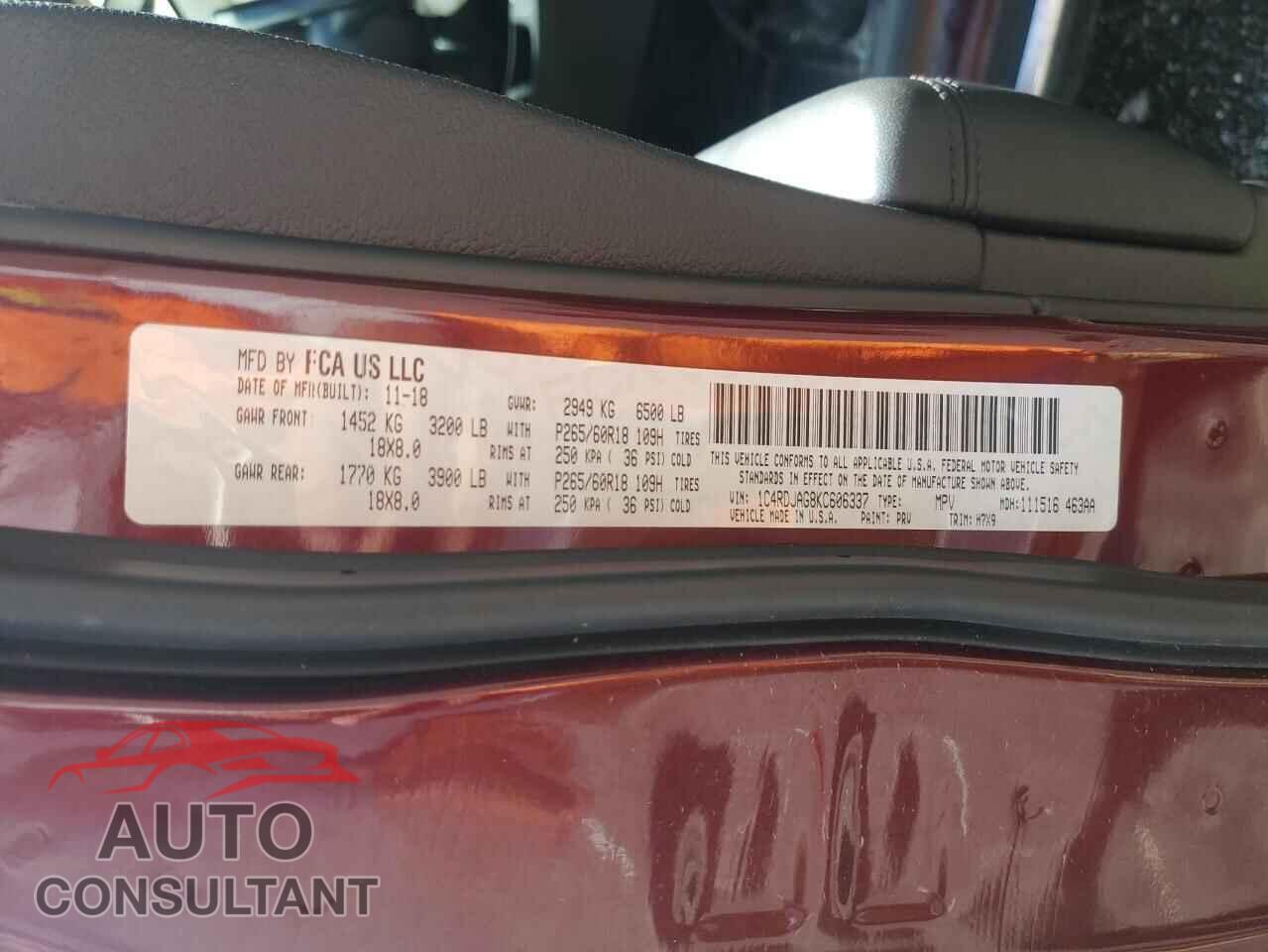 DODGE DURANGO 2019 - 1C4RDJAG8KC606337