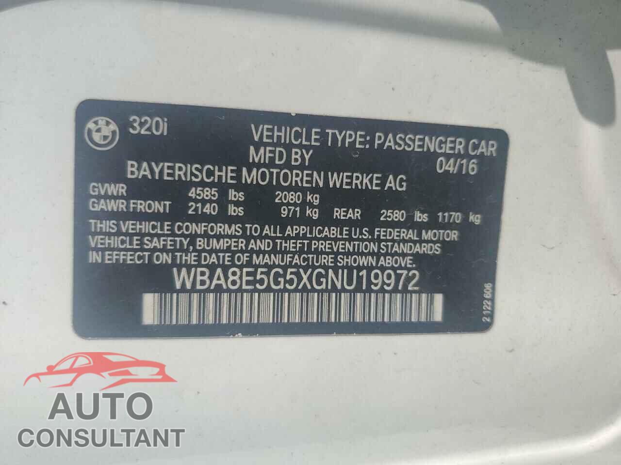 BMW 3 SERIES 2016 - WBA8E5G5XGNU19972