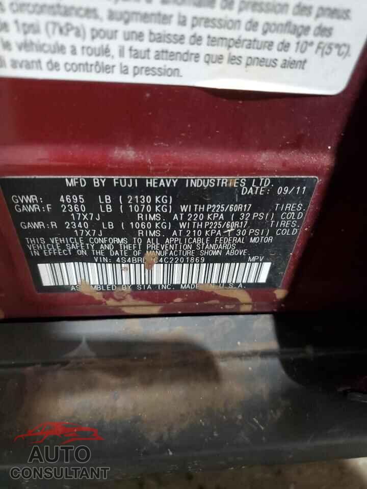 SUBARU OUTBACK 2012 - 4S4BRDJC4C2201869