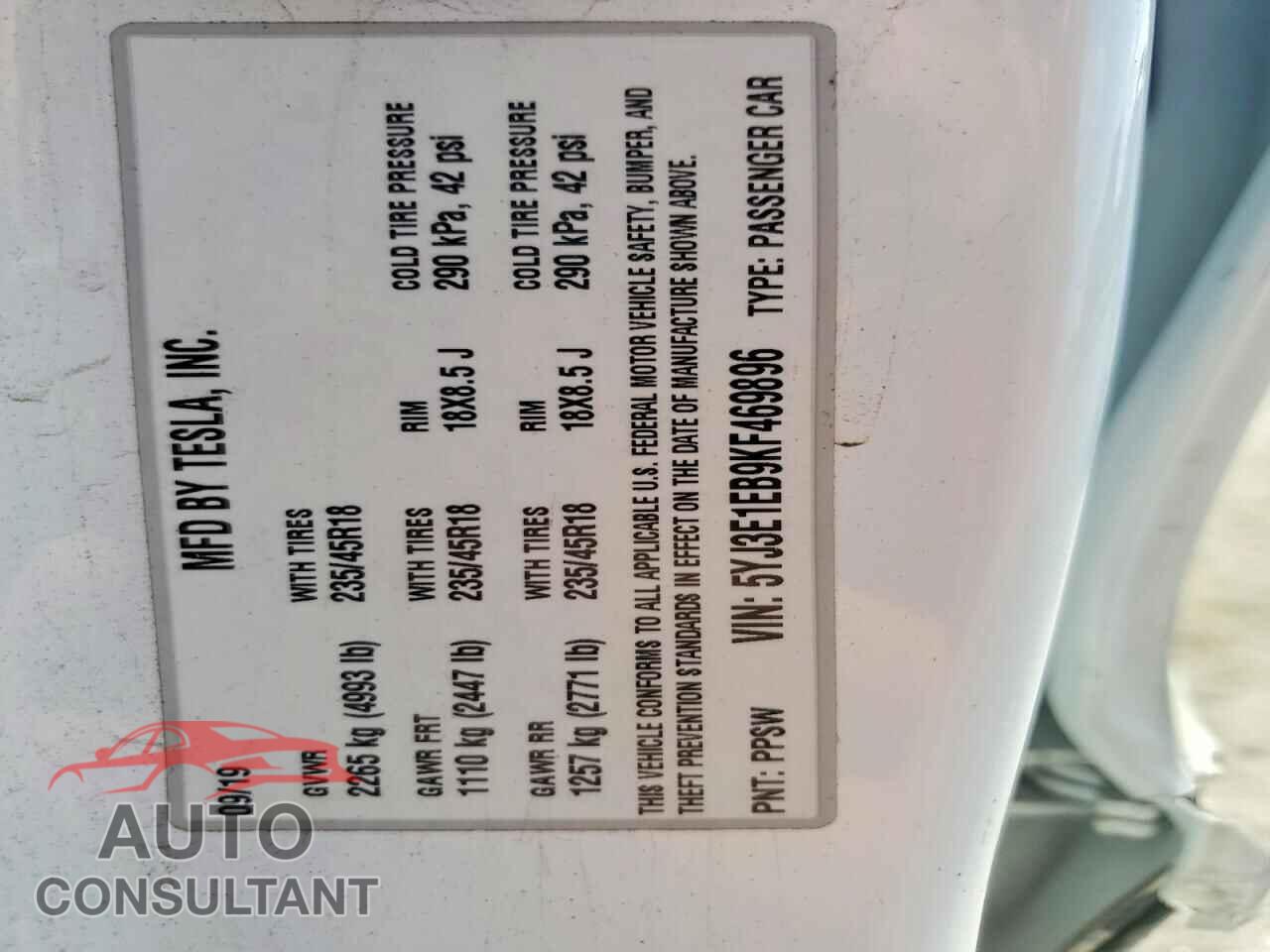 TESLA MODEL 3 2019 - 5YJ3E1EB9KF469896