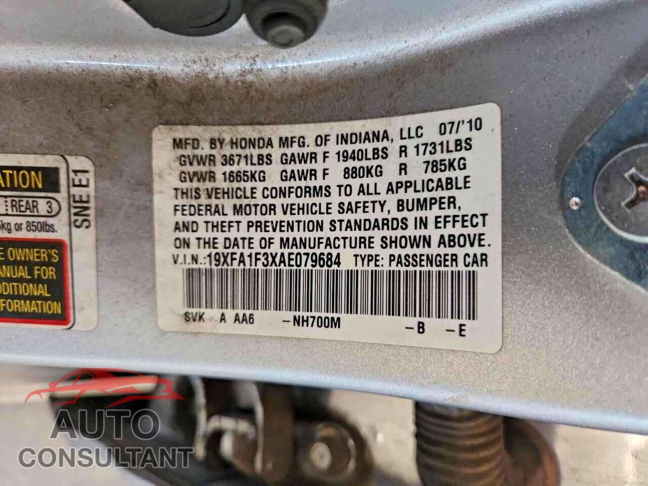 HONDA CIVIC 2010 - 19XFA1F3XAE079684