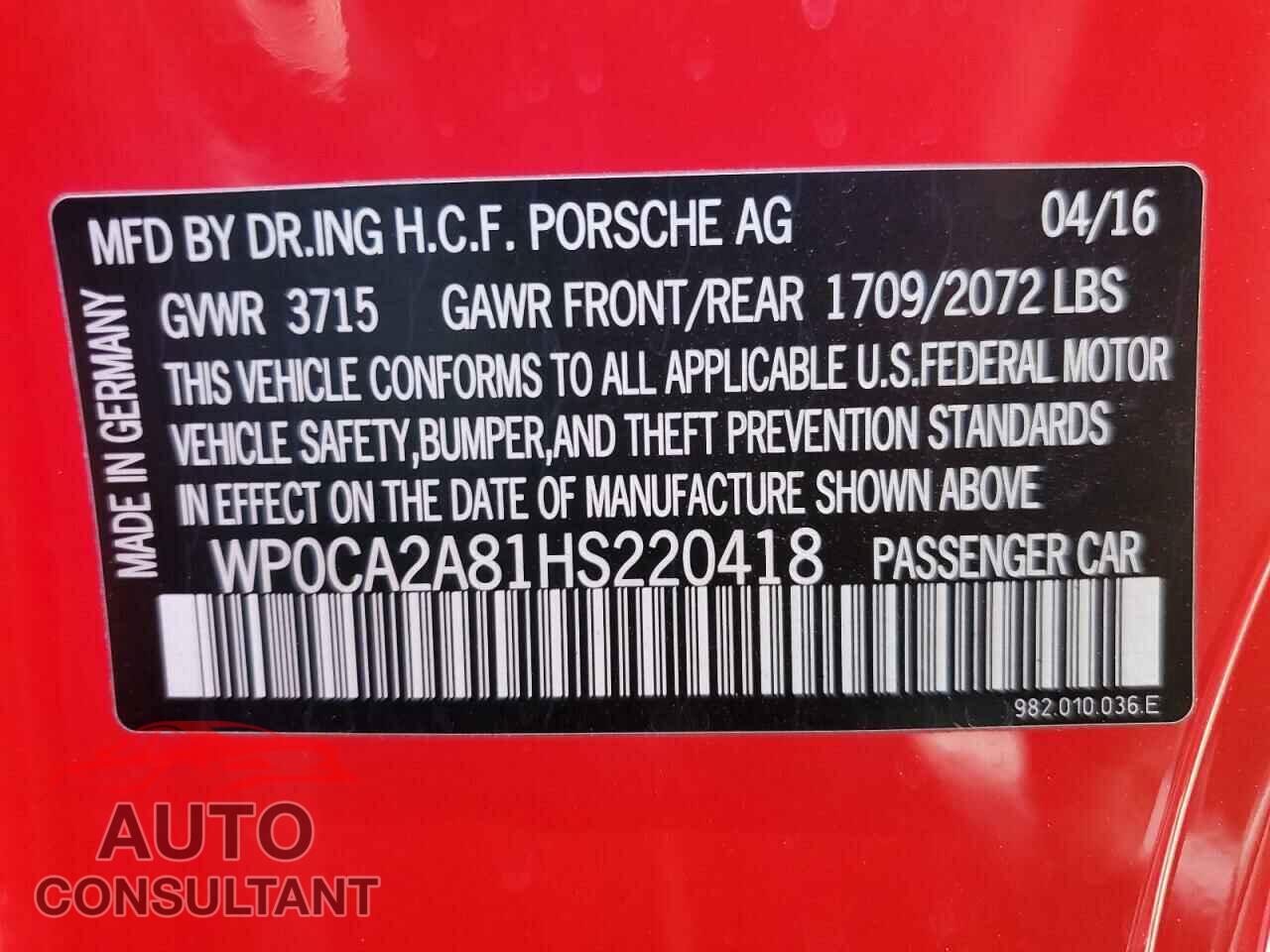 PORSCHE BOXSTER 2017 - WP0CA2A81HS220418