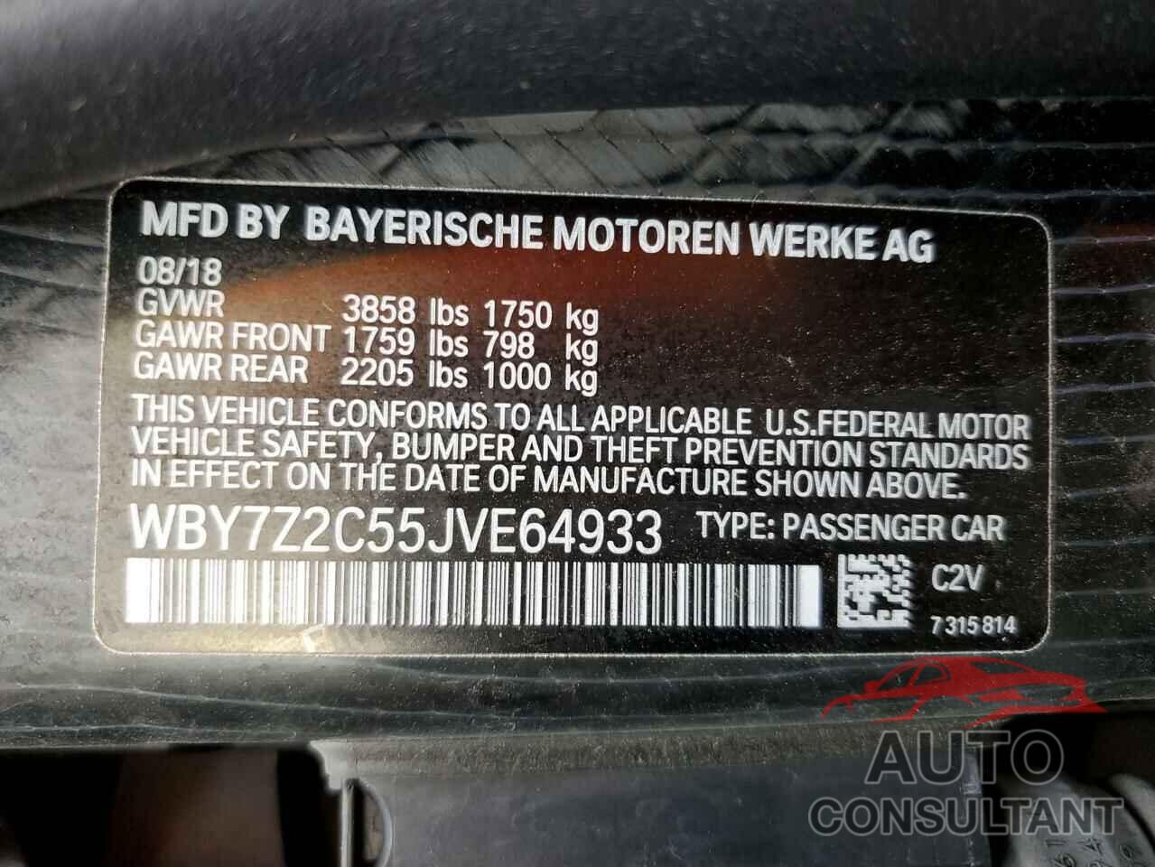 BMW I SERIES 2018 - WBY7Z2C55JVE64933