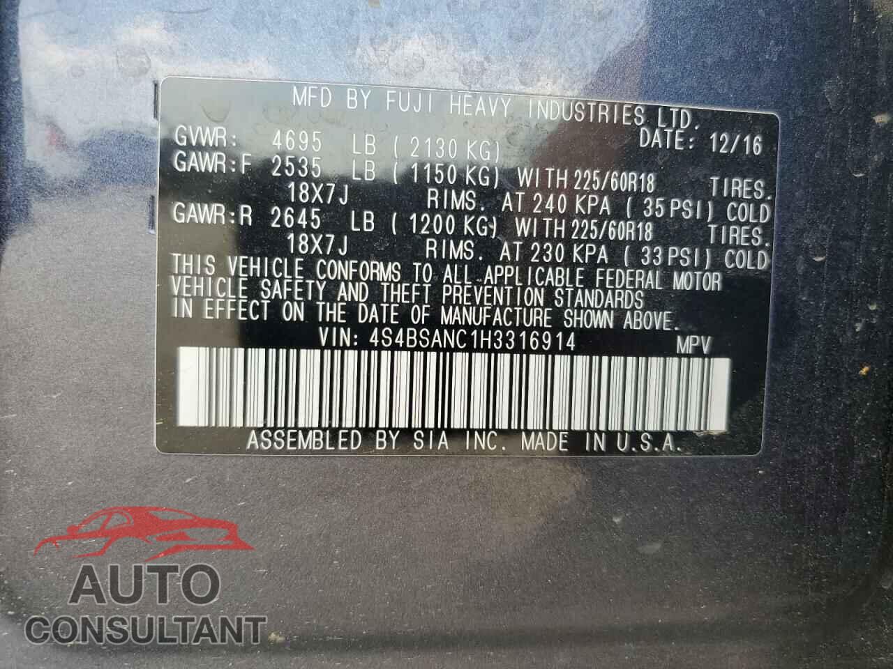 SUBARU OUTBACK 2017 - 4S4BSANC1H3316914