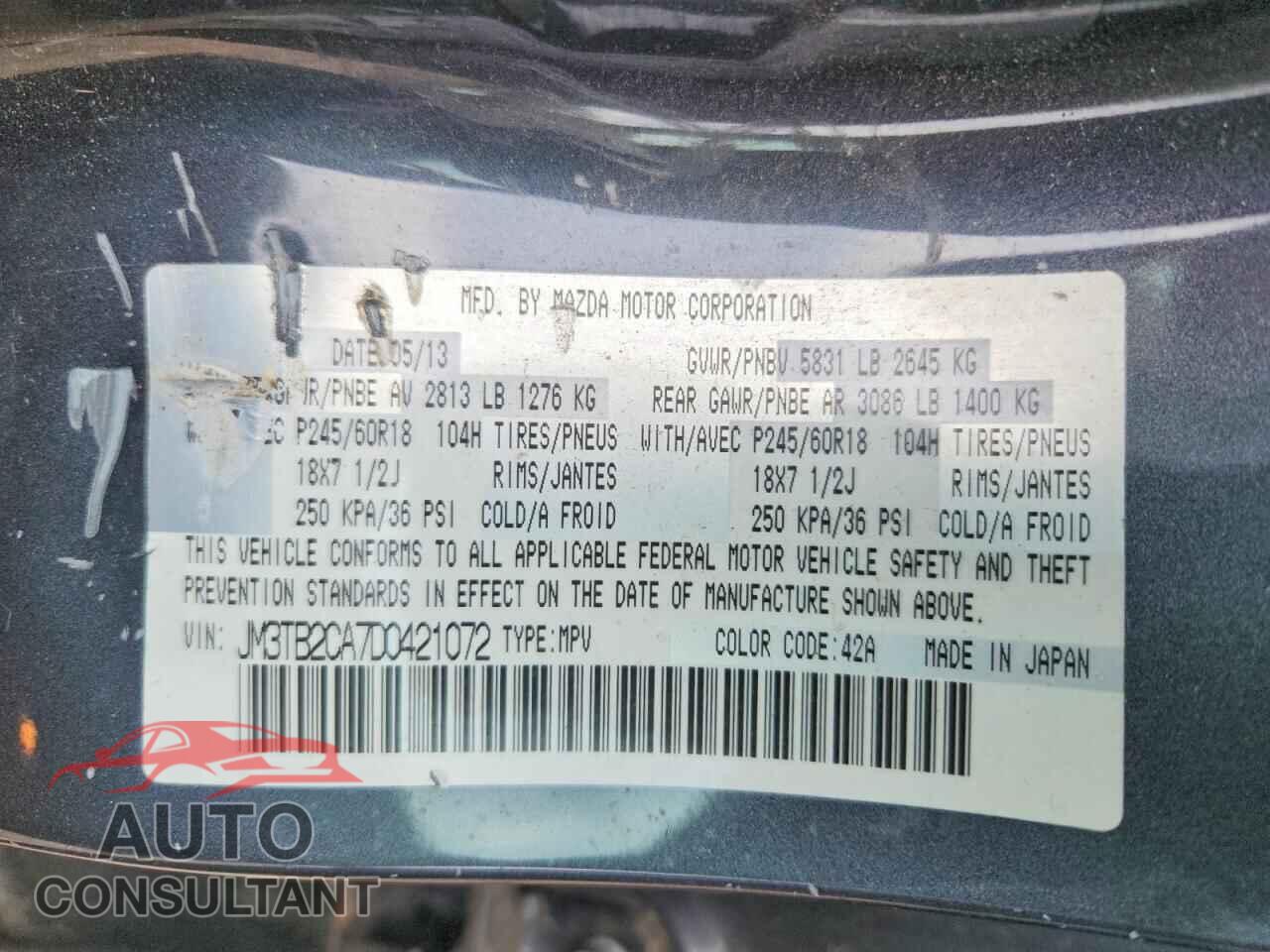 MAZDA CX-9 2013 - JM3TB2CA7D0421072