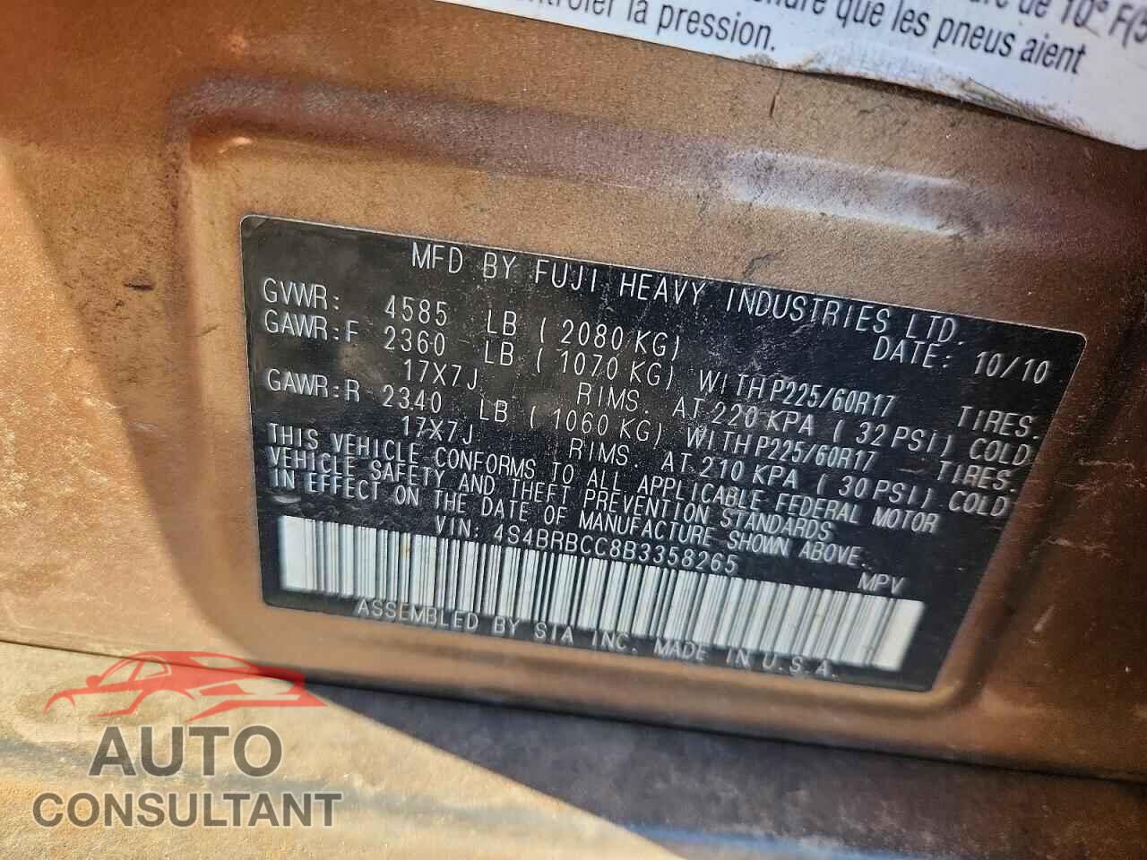 SUBARU OUTBACK 2011 - 4S4BRBCC8B3358265