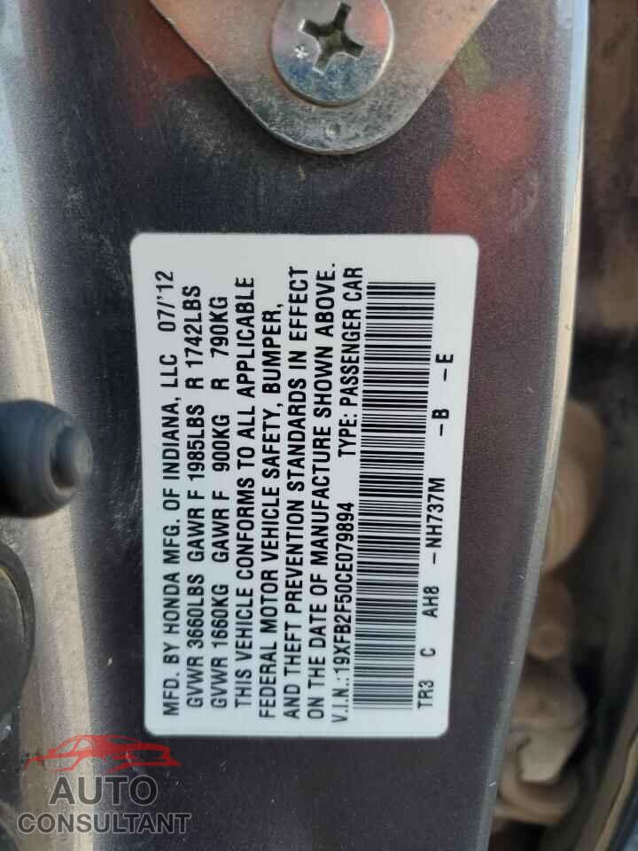 HONDA CIVIC 2012 - 19XFB2F50CE079894