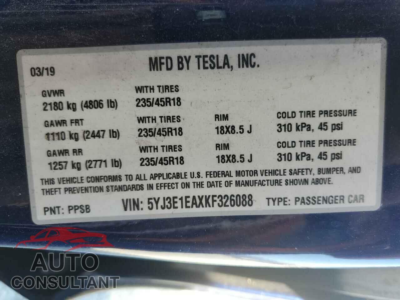 TESLA MODEL 3 2019 - 5YJ3E1EAXKF326088