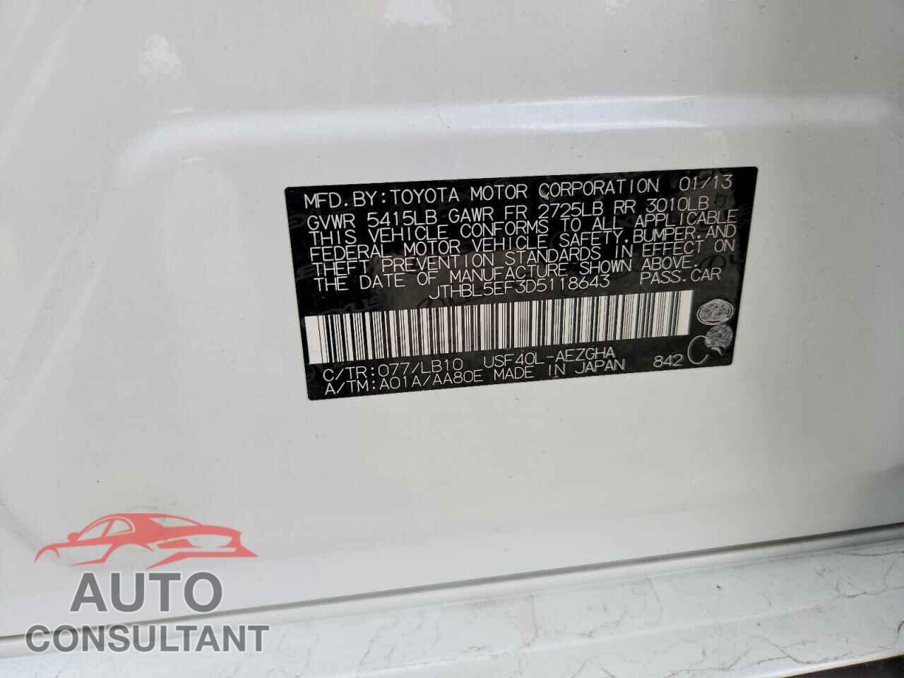 LEXUS LS460 2013 - JTHBL5EF3D5118643