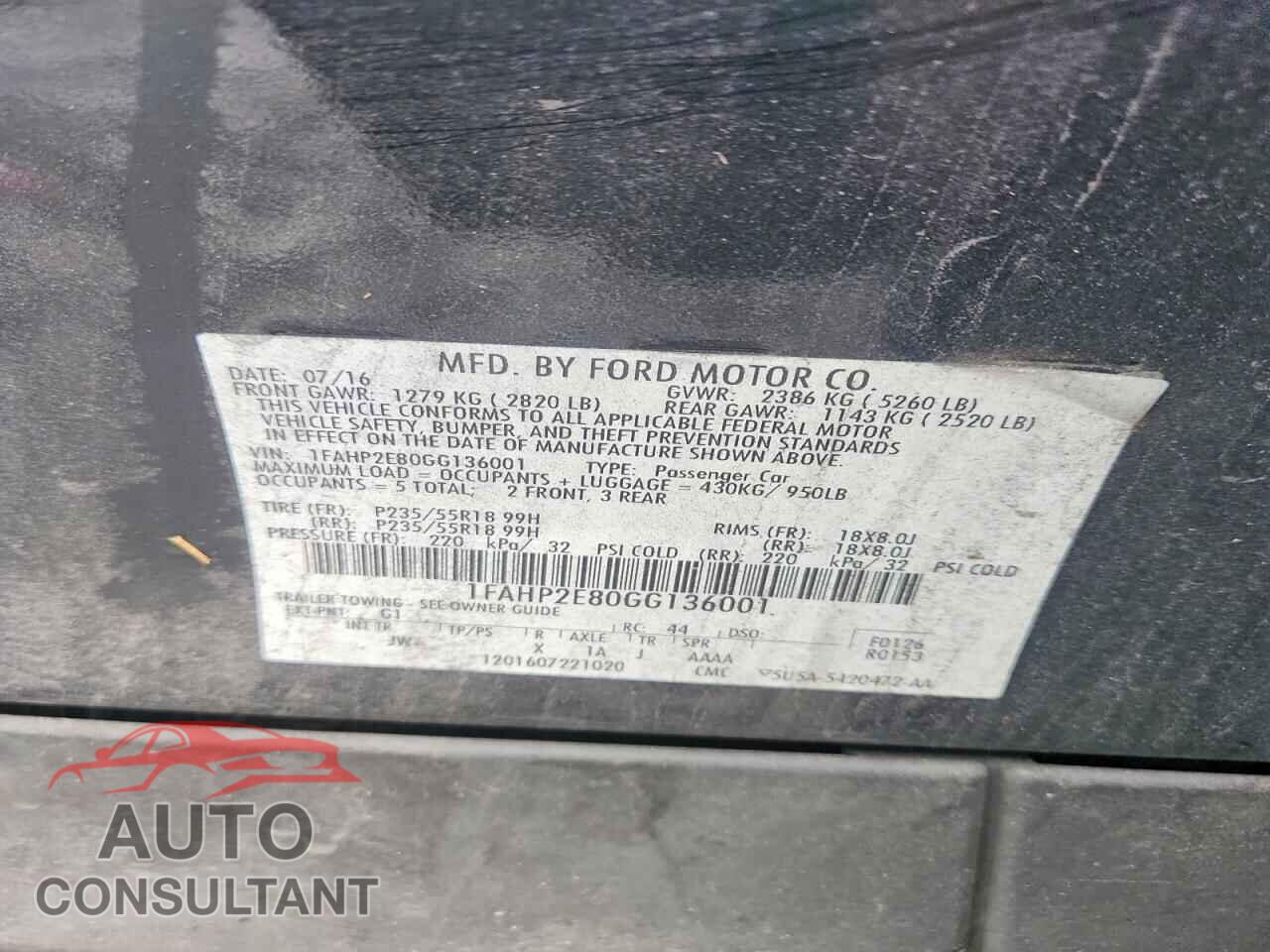 FORD TAURUS 2016 - 1FAHP2E80GG136001