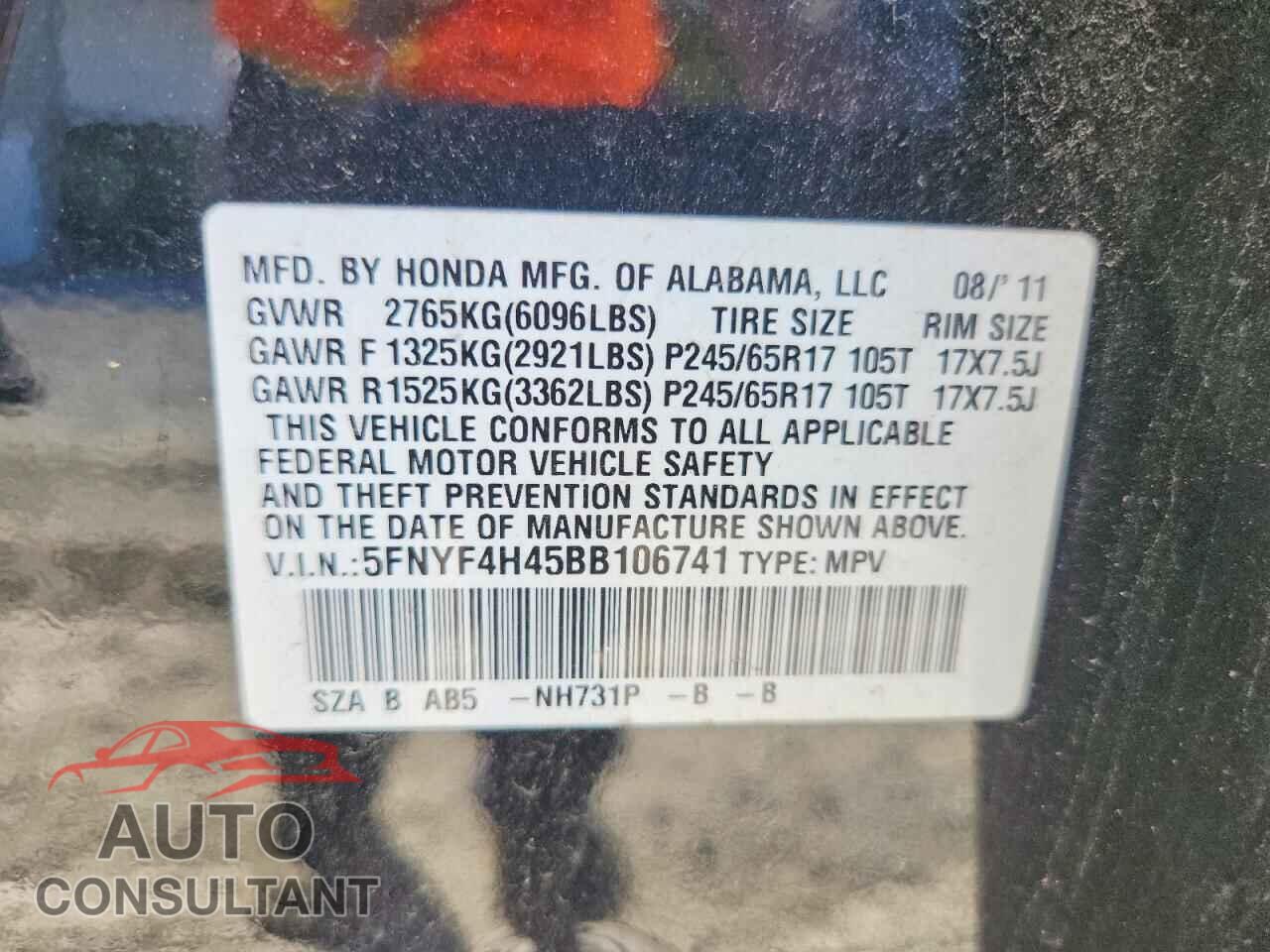 HONDA PILOT 2011 - 5FNYF4H45BB106741