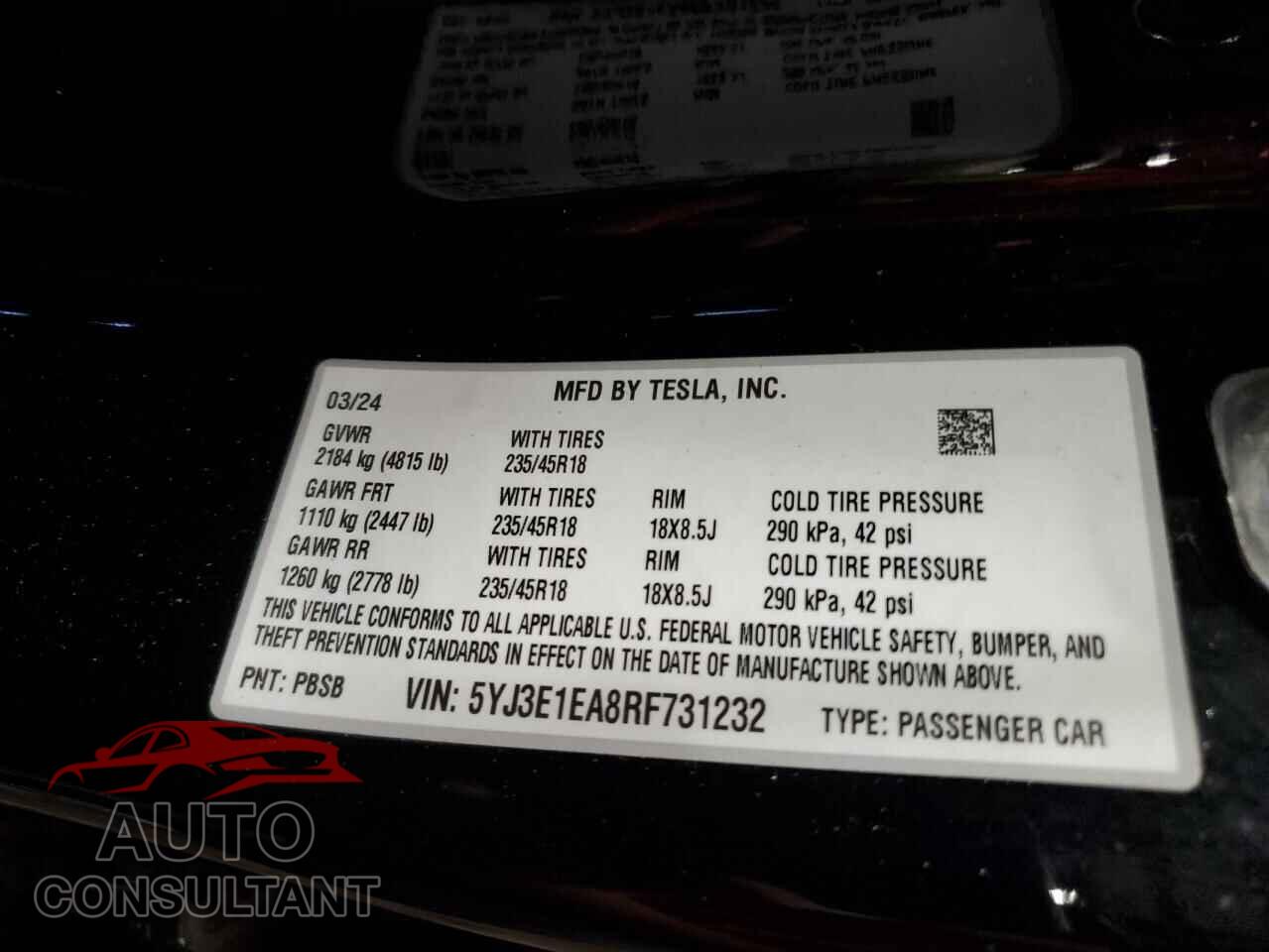 TESLA MODEL 3 2024 - 5YJ3E1EA8RF731232