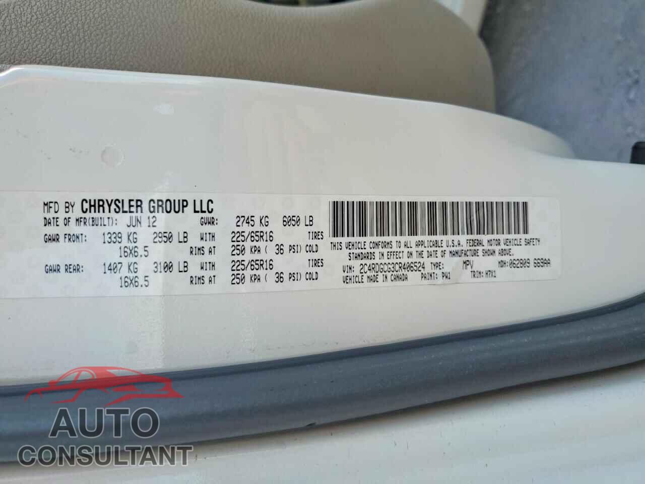DODGE CARAVAN 2012 - 2C4RDGCG3CR406524