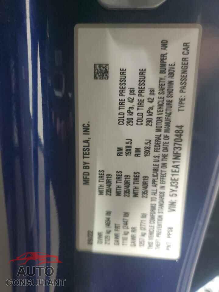 TESLA MODEL 3 2022 - 5YJ3E1EA1NF370484