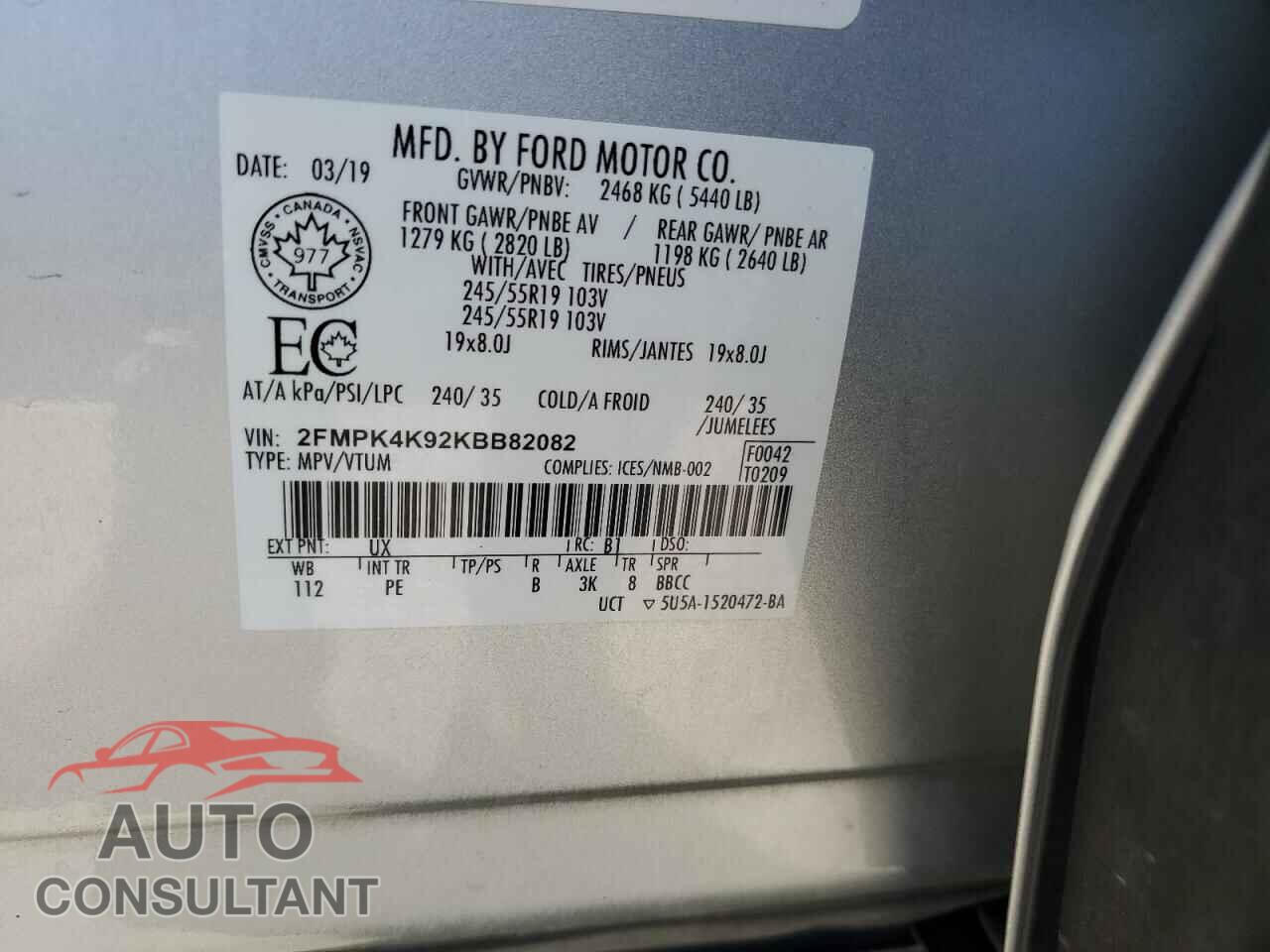FORD EDGE 2019 - 2FMPK4K92KBB82082