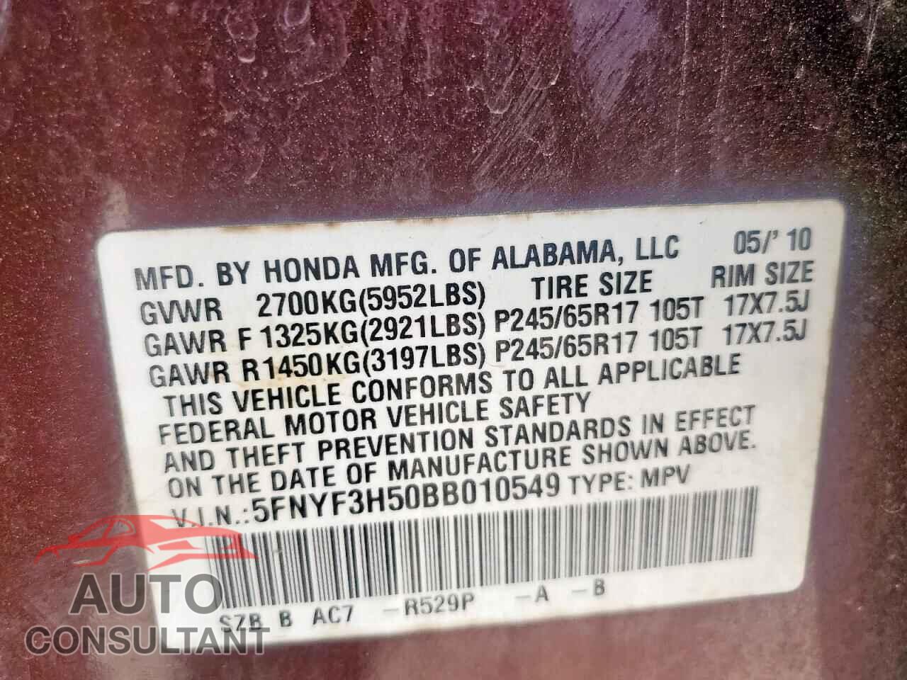 HONDA PILOT 2011 - 5FNYF3H50BB010549