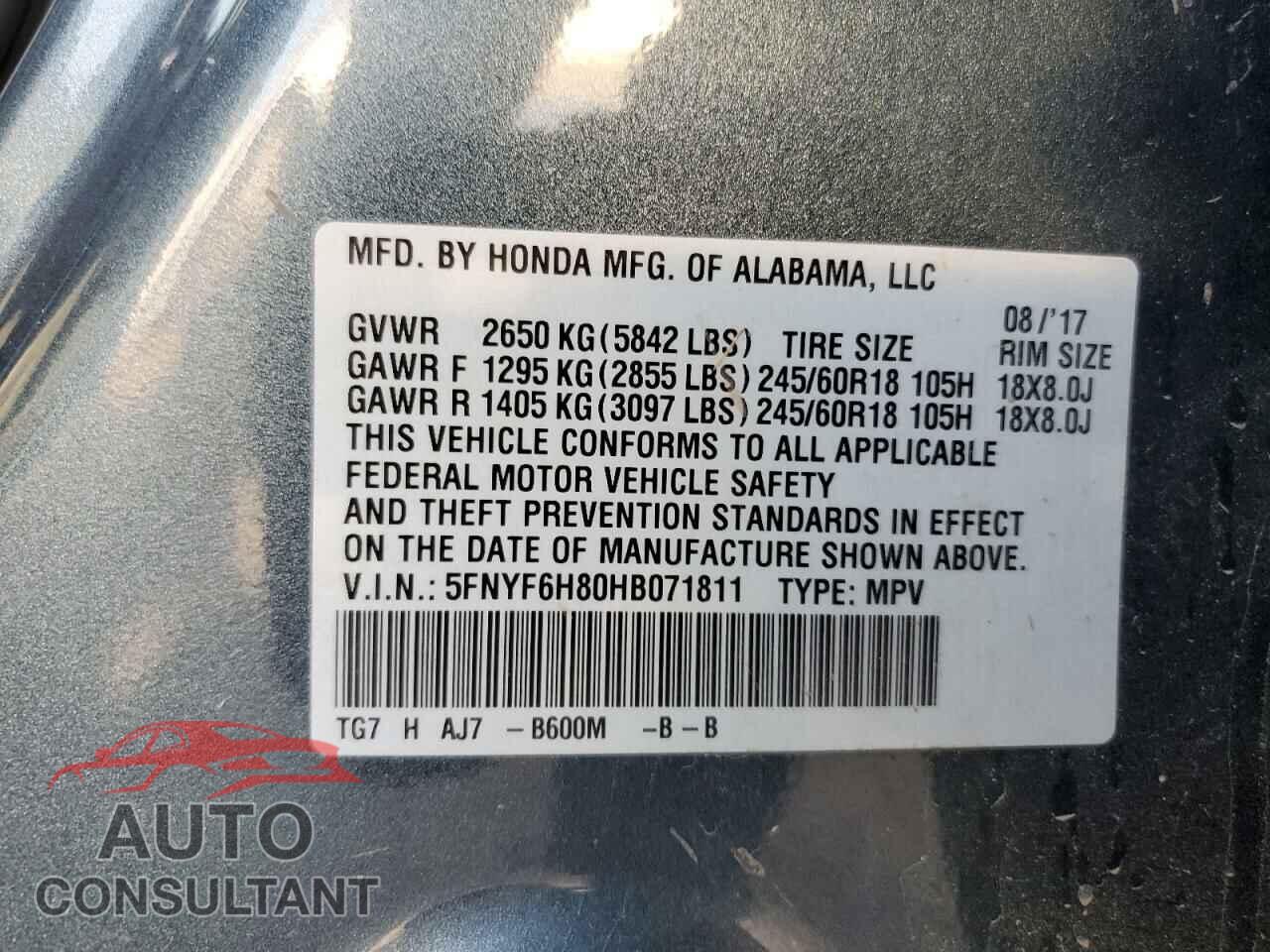 HONDA PILOT 2017 - 5FNYF6H80HB071811