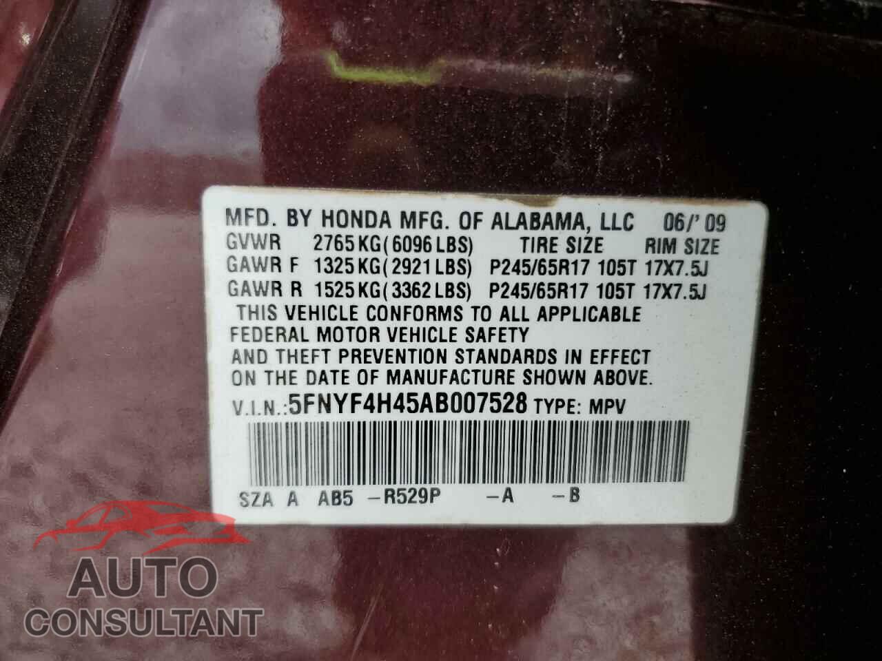 HONDA PILOT 2010 - 5FNYF4H45AB007528