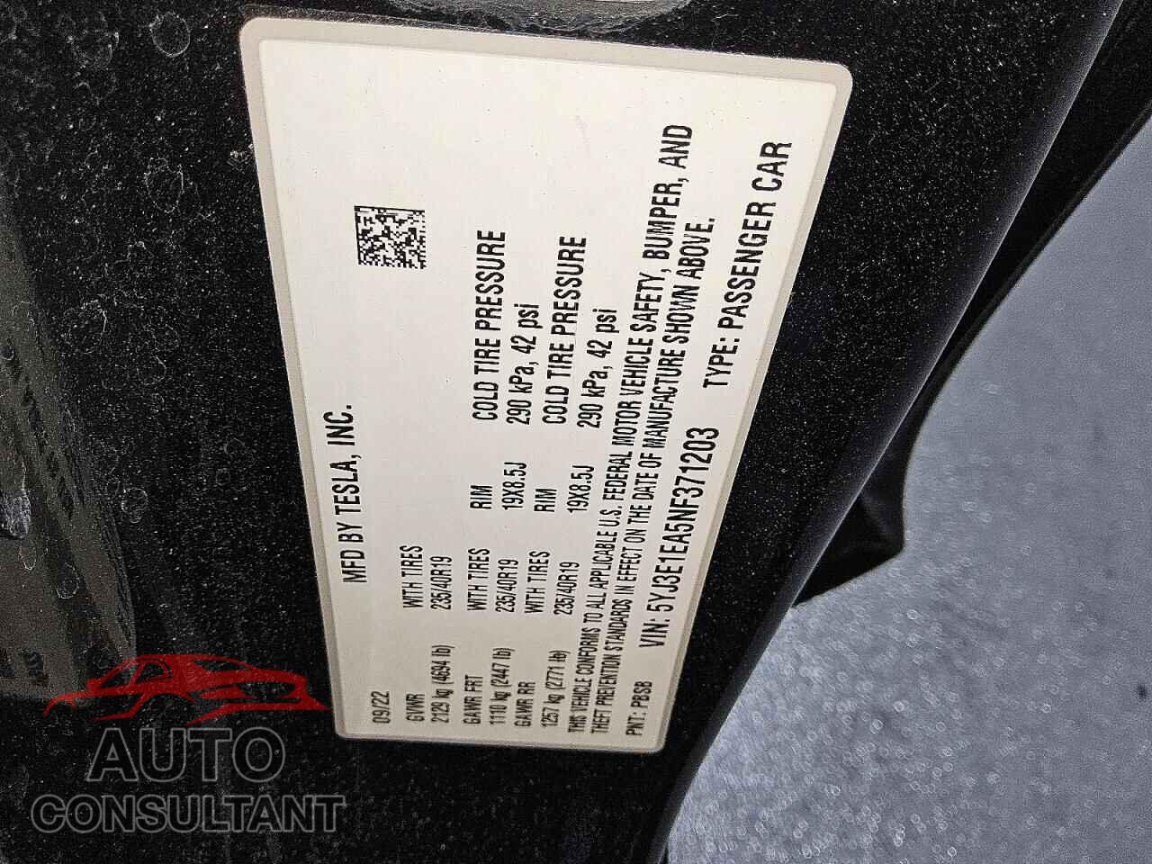 TESLA MODEL 3 2022 - 5YJ3E1EA5NF371203