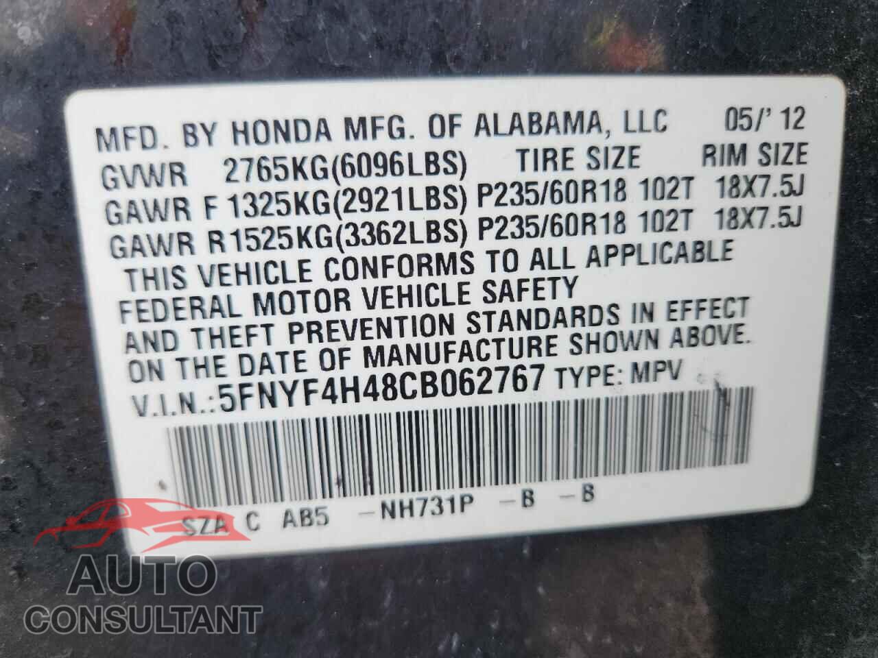 HONDA PILOT 2012 - 5FNYF4H48CB062767