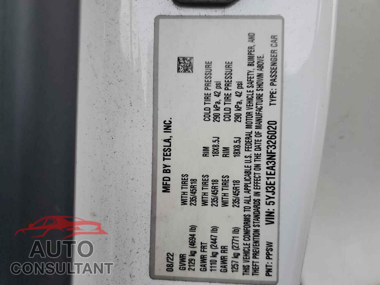 TESLA MODEL 3 2022 - 5YJ3E1EA3NF326020