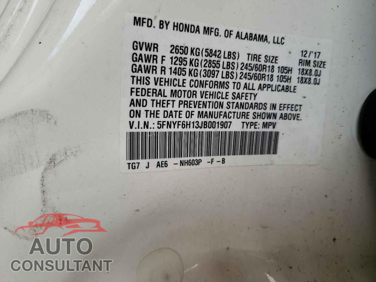 HONDA PILOT 2018 - 5FNYF6H13JB001907