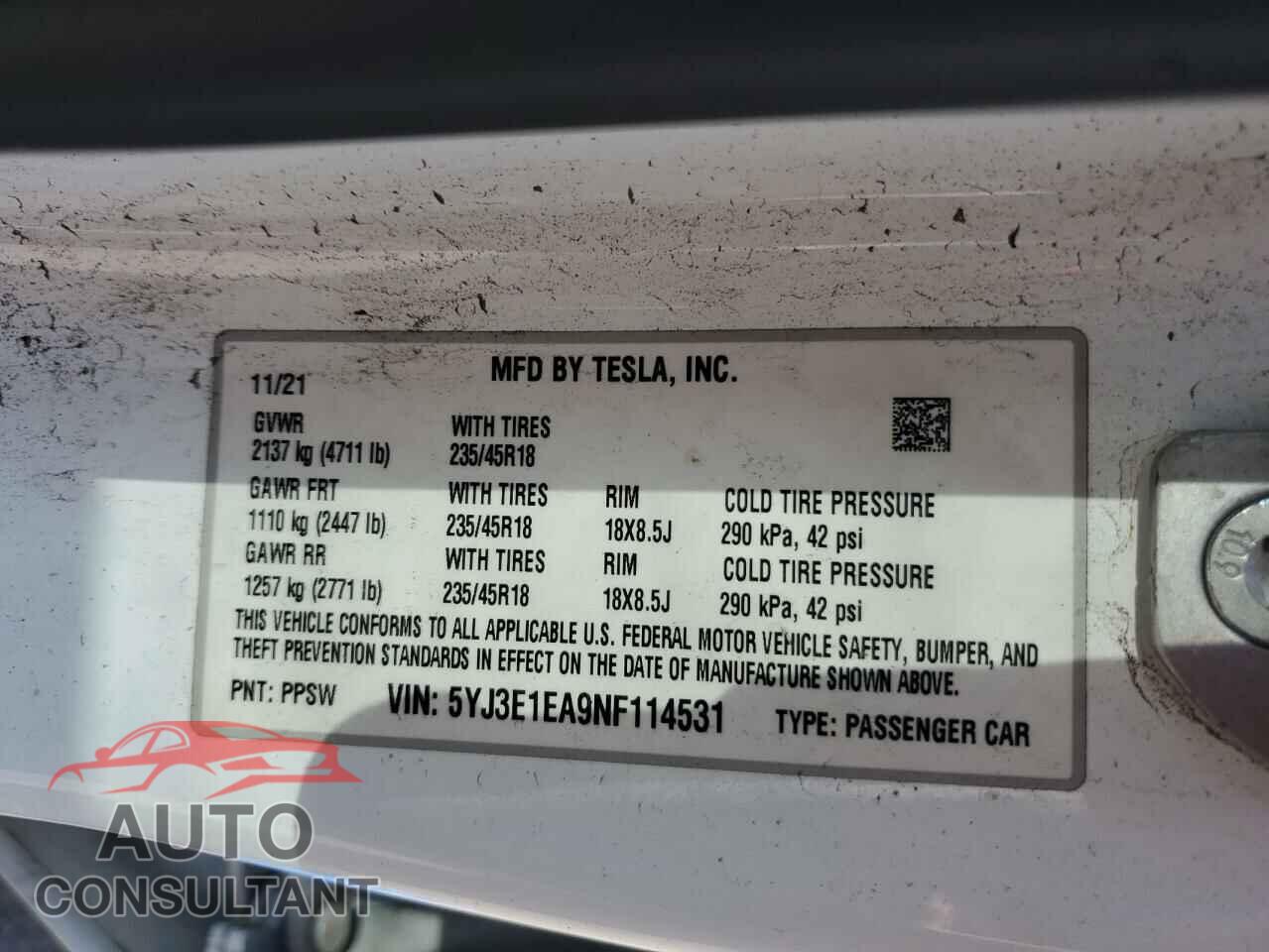 TESLA MODEL 3 2022 - 5YJ3E1EA9NF114531