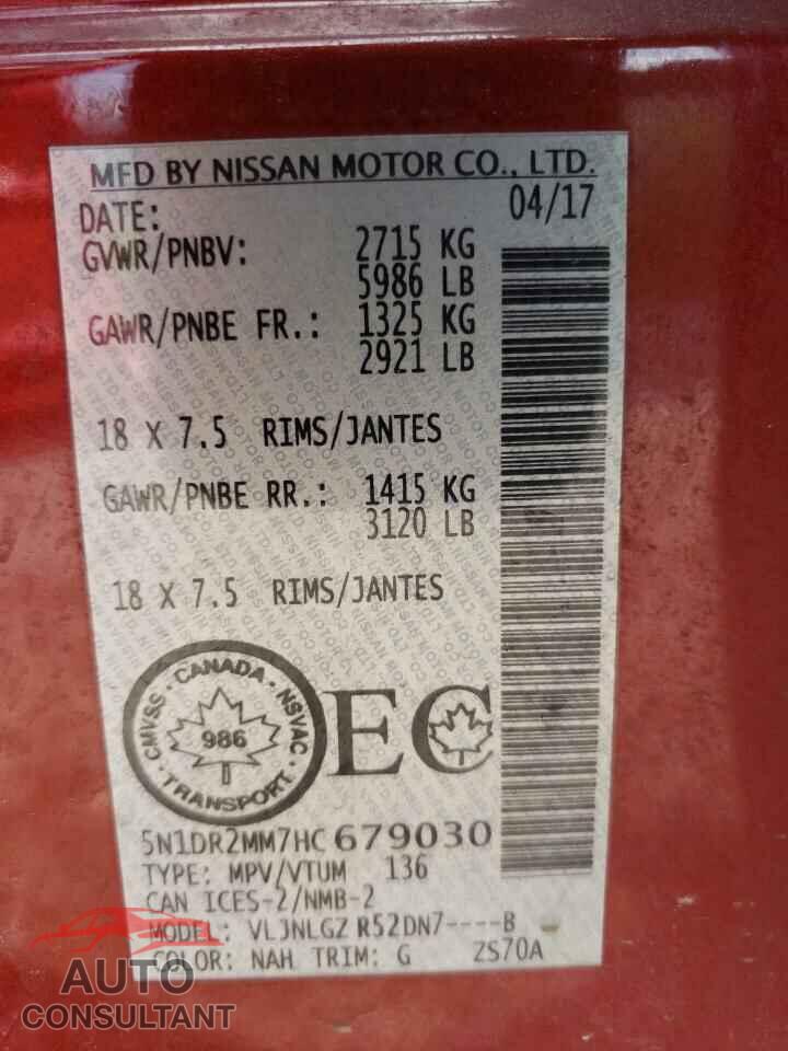 NISSAN PATHFINDER 2017 - 5N1DR2MM7HC679030
