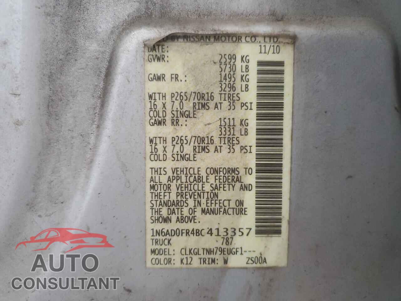 NISSAN FRONTIER 2011 - 1N6AD0FR4BC413357