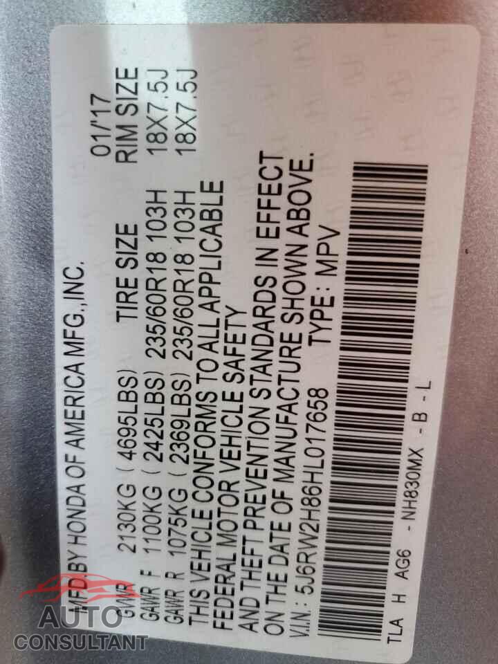 HONDA CRV 2017 - 5J6RW2H86HL017658